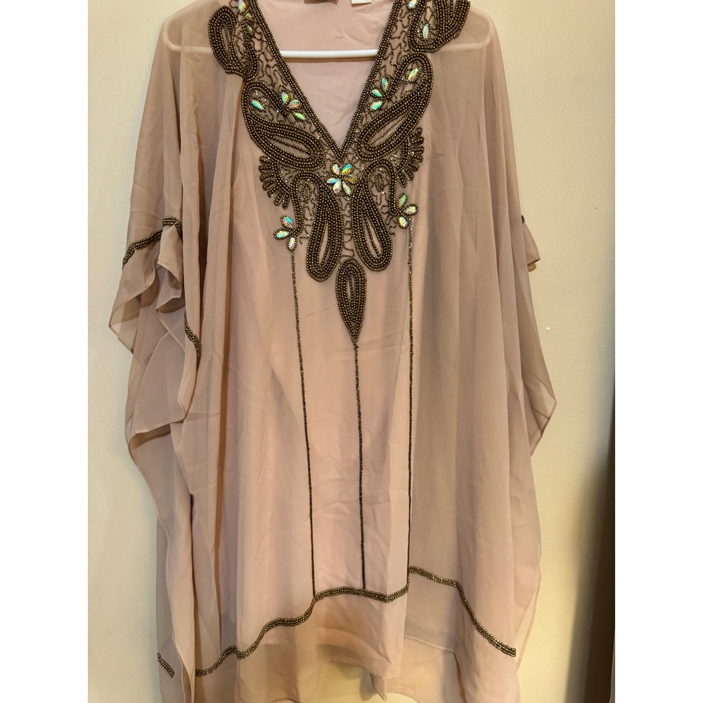 Das Italian Luxury Fashion Beaded Kaftan Top Nude Pink Rhinestone Chiffon Blouse